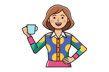 A cheerful woman with brown hair in a colorful polka dot shirt holds a light blue mug smiling broadly