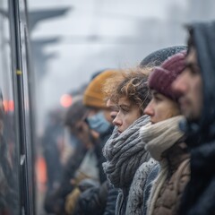 Early morning commuters lining up at newsstand with bundled clothing and cold breath 
