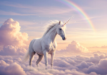 Fototapeta premium Majestic Unicorn in Cloudy Sky with Rainbow - Fantasy Animal Illustration.