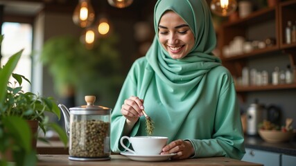 A woman in a mint green hijab preparing fresh herbal tea. Muslim business. Authentic Arabian style.