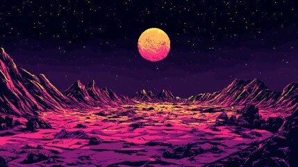 Retro-futuristic alien landscape at night, featuring vibrant pink and purple mountains under a large, glowing orange moon and starry sky
