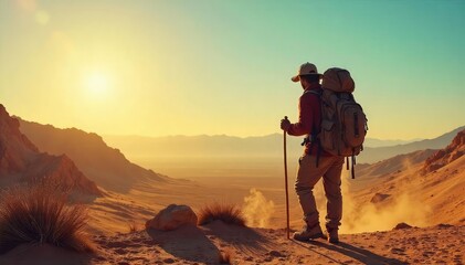 Weary Traveler Silhouette of a lone hiker with backpack and staff against a desolate, sun-baked landscape, conveying a sense of journey, survival, and endurance in a harsh environment.