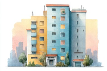 Watercolor illustration of a colorful urban apartment building with trees and bushes in front, set against a soft city skyline backdrop at dusk.