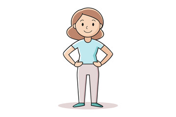 Confident Woman's Casual Pose: A friendly illustration of a woman standing confidently with hands on hips, radiating a warm and approachable persona. This image showcases ease and friendliness.