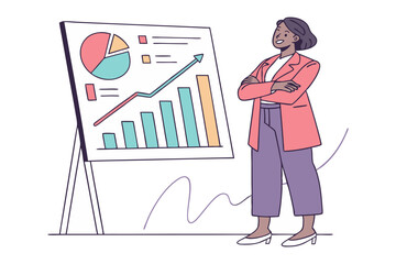 Fototapeta premium Confident businesswoman presents upward trend data on a whiteboard with pie chart and bar graph
