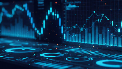 Digital display shows financial data with charts and graphs in blue tones.