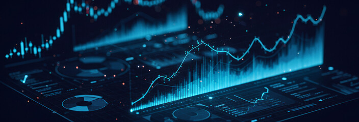 Abstract blue financial chart with upward trend on a dark background.