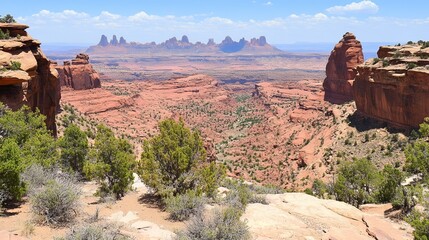 Panoramic view of a vast, red rock canyon landscape under a clear blue sky.  Rugged formations and sparse desert vegetation fill the scene