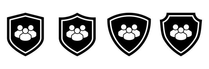User protection icons. Black shields with group symbols representing online safety, privacy protection, secure access, data defense, social security and user privacy for websites and apps.