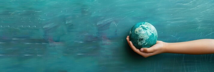 Celebration of international left handers day with earth globe in hand concept. Horizontal banner. Copy space. A globe in the left hand on a blue background