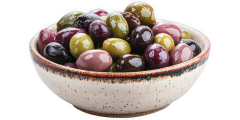 Bowl of mixed olives including green black and purple varieties isolated on transparent background