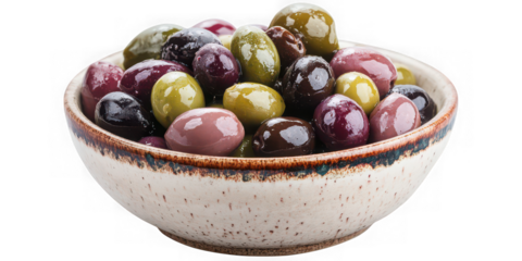 Bowl of mixed olives including green black and purple varieties isolated on transparent background