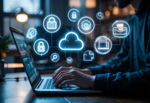 A man is working on his laptop, and digital icons related to cloud computing and security appear above it