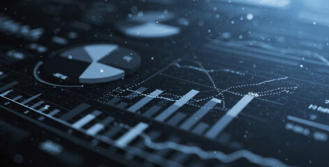 Close-up of data visualization with charts and graphs in blue tones.
