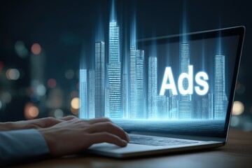 Digital advertisement concept: Hands typing on laptop with illuminated "Ads" and city - like digital structures on screen. Ideal for online marketing, digital campaigns and advertising projects. 