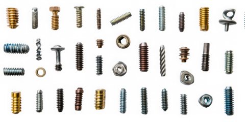Collection of various metal screws and fasteners isolated on transparent background
