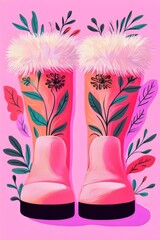 Vibrant Floral Rubber Boots Illustrated on Pink Background: A Whimsical Modern Fashion Design in Digital Art Style