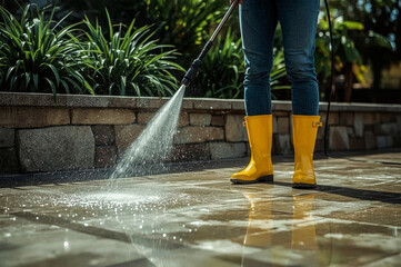 A person wearing blue jeans and bright yellow rubber boots uses a pressure washer to clean a stone patio Water sprays forcefully creating a sparkling clean surface
