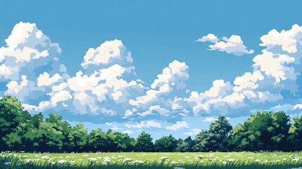 Obraz premium Sunny day, fluffy white clouds over a green meadow and trees. A picturesque summer landscape