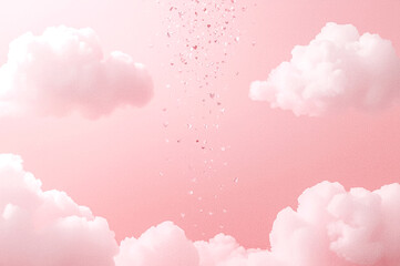 A soft pink sky serves as a backdrop for ethereal white clouds Tiny shimmering heart-shaped glitter falls from above adding a touch of magic and romance