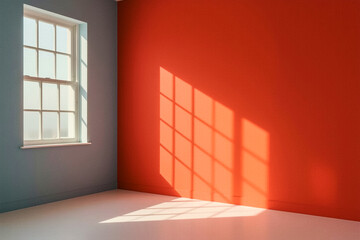 Obraz premium An empty room features a window on a cool blue wall with bright sunlight creating a distinct grid shadow pattern on the adjacent vibrant orange wall