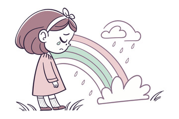 Sadness Under the Rainbow: a young girl looks forlorn next to a rainbow and a raincloud, conveying feelings of loneliness. 