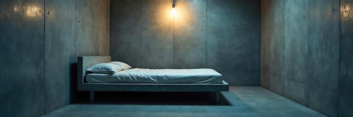 Stark Minimalist Prison Cell Bedroom Cold Metal Walls, Concrete Floor, Isolation and Confinement