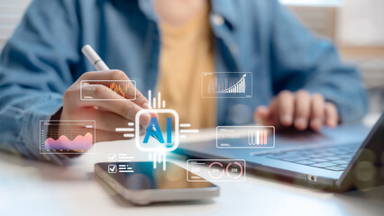 User interacting with AI-powered analytics dashboard using stylus and smartphone, showcasing futuristic data visualization, smart technology, and artificial intelligence tools.
