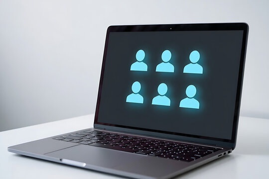 Laptop screen displays six glowing blue person icons in a grid formation