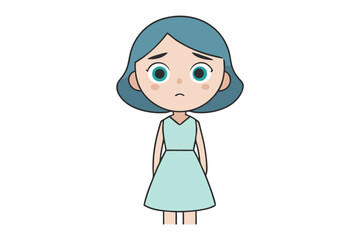 Anxious young woman: An animated illustration of a young woman with teal-colored hair and dress, gazing forward, conveying a sense of concern.