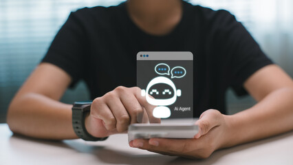 User interacting with AI chatbot agent on smartphone, illustrating virtual assistant technology, smart service interface, and artificial intelligence communication in real-time.
