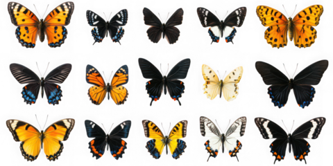 Collection of fifteen colorful butterflies with spread wings isolated on transparent background