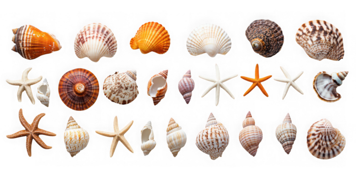 Collection of assorted seashells and starfish isolated on transparent background