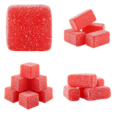 Red gummy candy arranged in various stacks on transparent background  
