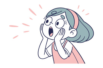 Surprised Young Lady Illustration: A captivating illustration of a young lady with wide eyes, hands at her cheeks, radiating surprise, perfect for conveying a range of emotions.