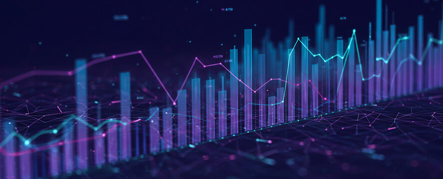 Abstract financial chart with rising bars and line graph in dark blue.