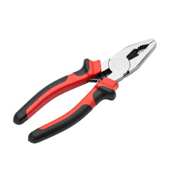 Obraz premium A pair of metal combination pliers with red and black ergonomic handles, essential for gripping, cutting, and bending wires in various repair and construction tasks.