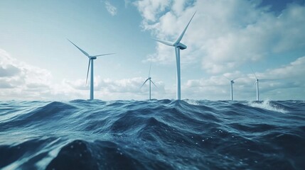 Offshore wind turbines stand tall amidst a vast, turbulent ocean under a partly cloudy sky