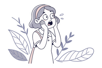 Shock and Awe: A young girl's wide eyes and expression capture raw, unadulterated surprise amidst the delicate outline of surrounding foliage. This vector illustration is full of emotion.