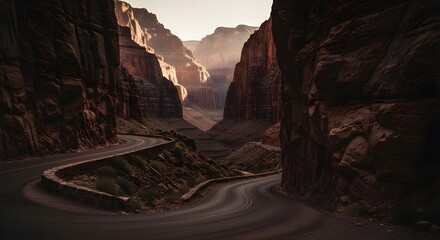 Winding Road Through a Dark and brown Canyon with Faint Sunlight