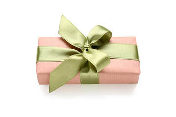 Gift box with green bow on white background. International Women's Day