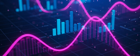 Abstract financial chart with blue bars and pink lines on a dark background.