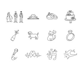 A hand-drawn vector icon set featuring over wedding-themed illustrations in clean black line art.