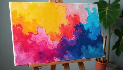 Vibrant Canvas on Easel Bold Strokes of Color Await Completion - Inspiring Artistic Process