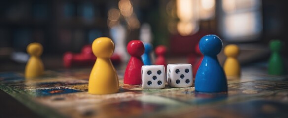 The vibrant board game pieces and dice ready for an exciting game night.