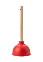 A bright red rubber plunger with a natural wooden handle, a common household tool for clearing blocked pipes and drains.