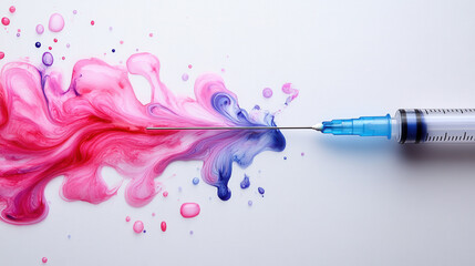 closeup of syringe dispensing pink and blue liquid drop on white background 
