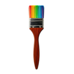 A colorful art paint brush features bright rainbow hues on its bristles and a classic wooden handle, ideal for creative projects and artistic expression.