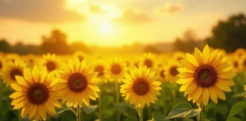 Obraz premium Golden Sunlight Bathes Vibrant Sunflower Field, Symbolizing Optimism and Renewal; A cheerful image evoking warmth, joy, and the promise of a brighter future.