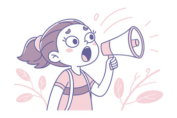 Girl with Megaphone: An illustration shows a young girl with a megaphone, speaking loudly with surprised expression. A call to action and her attention-grabbing appeal. 